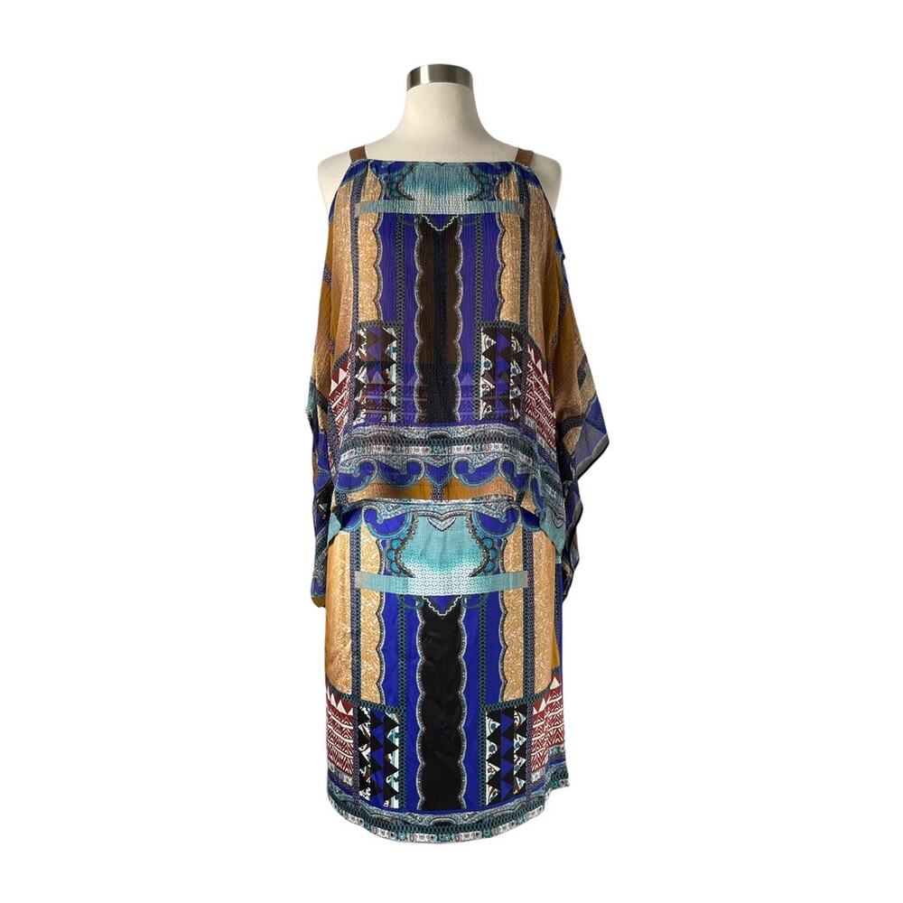 Etro Patchwork Cold Shoulder Dress Silk Paisley Cape Sleeve Blue Black 44 M US 8 - Picture 10 of 10